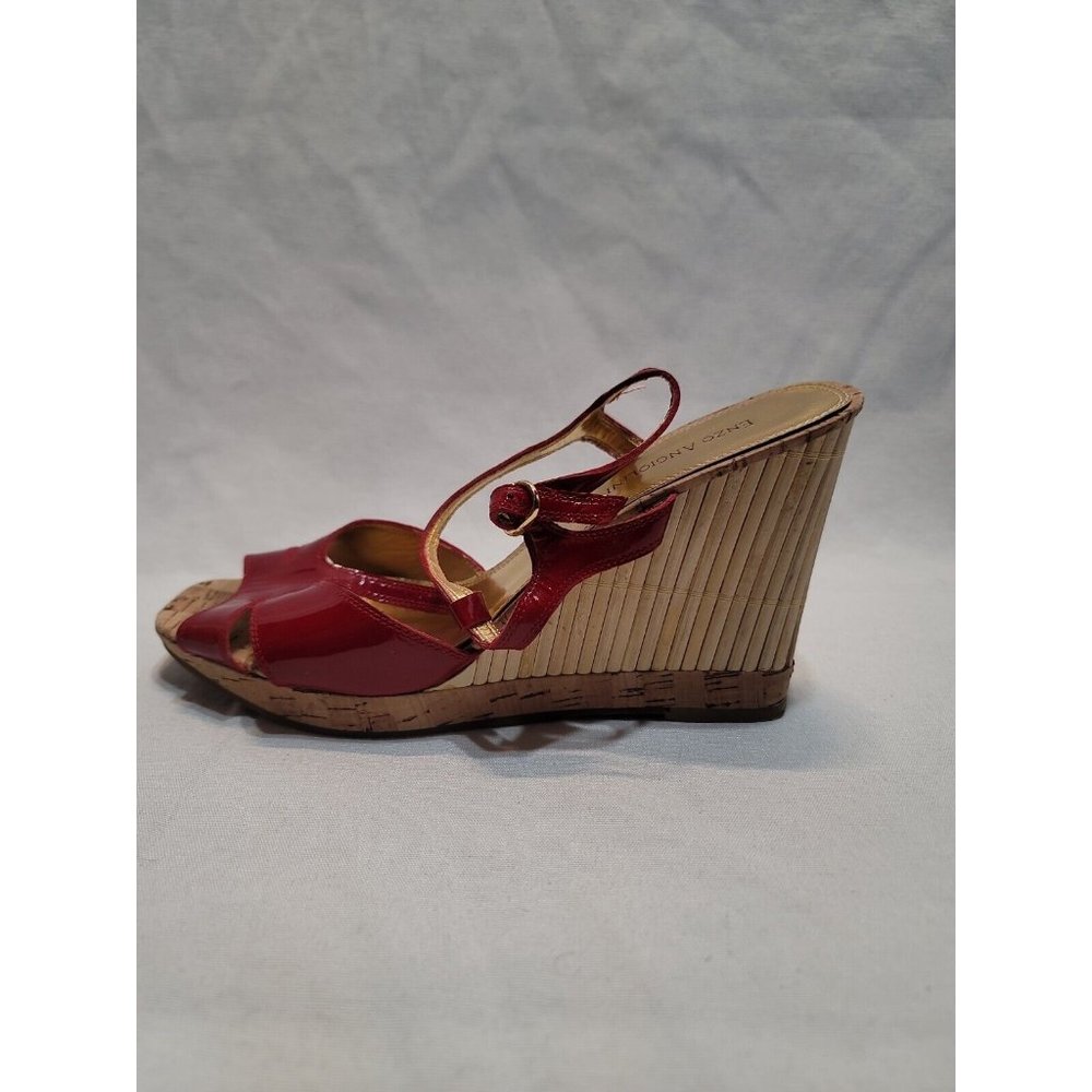 Enzo Angiolini Emma T-strap Cork & Bamboo Strappy Wedges Red Leather Size 10M